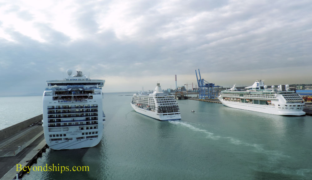 Cruise ships Crown Princess, Seven Seas Voyager and Legend of the Seas in Civitavecchia, Italy