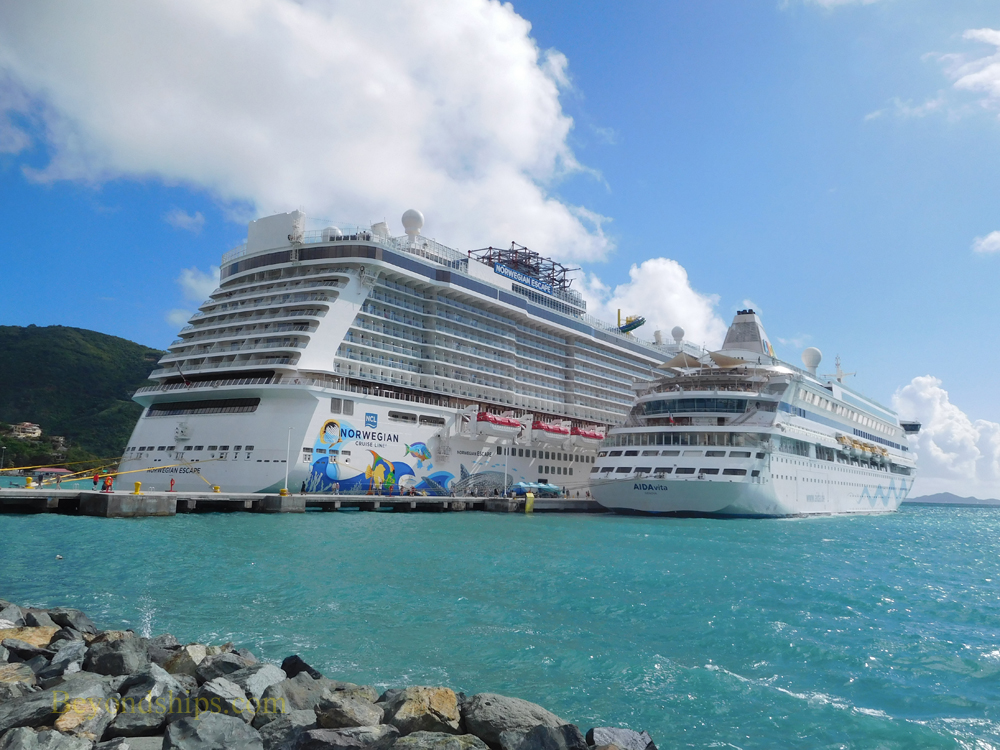 Cruise ships Norwegian Escape and AIDAvita at the cruise pier in Tortola.