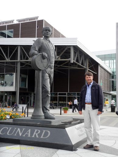 John Langley with statue of Samuel Cunard, Halifax, Nova Scotia
