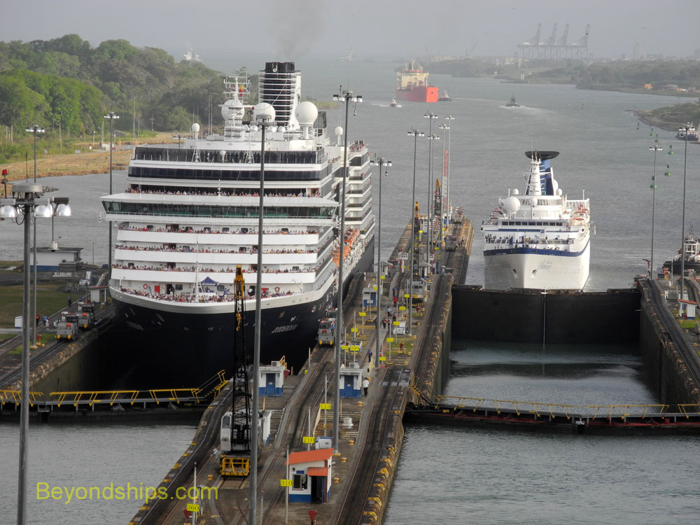Cruise ships Zuiderdam and Princess Daphane in the Gatun Locks, Panama Canal.
