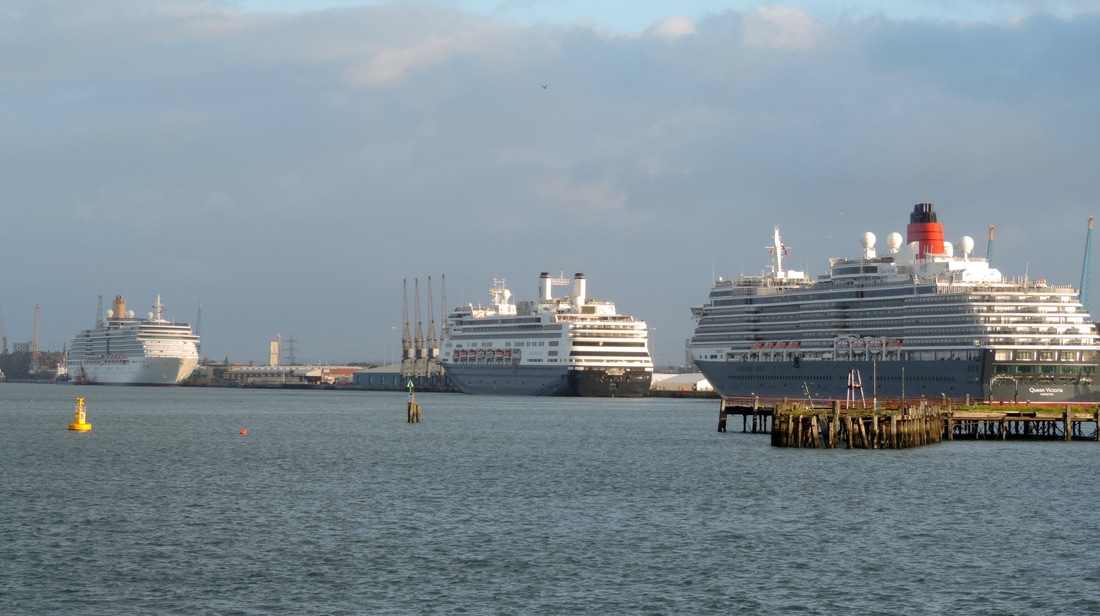 Queen Victoria, Rotterdam and Aura cruise ships in Southampton, England