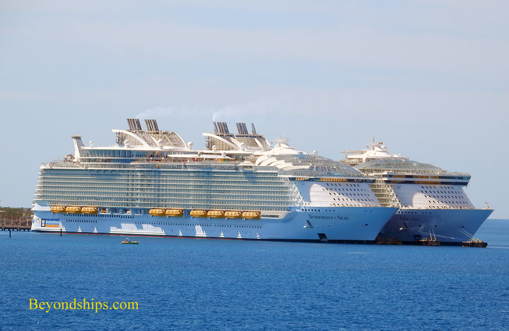 Cruise ships Symphony of the Seas and Oasis of the Seas at Coco Cay, The Bahamas